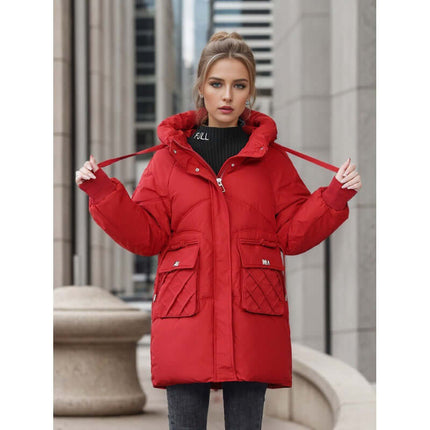 womens winter warm hooded cotton jacket in bright red, stylish design, perfect for cold weather.