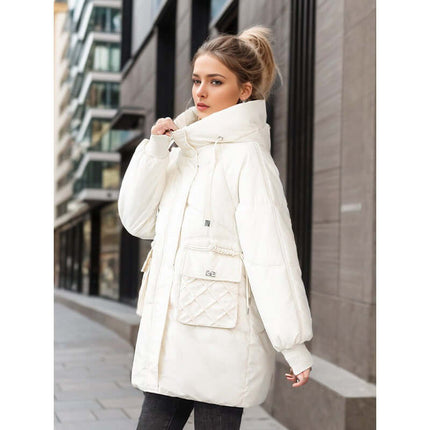 Womens Winter Warm Hooded Cotton Jacket worn by a stylish model outdoors in a modern city setting.
