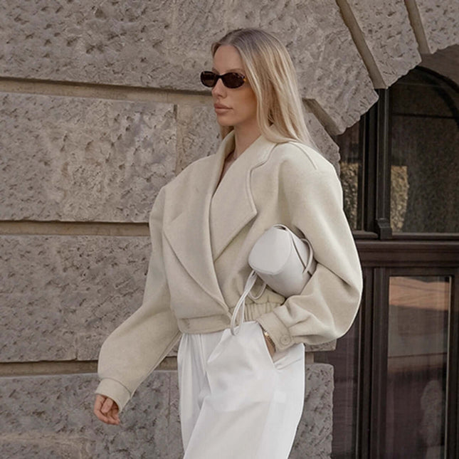 Womens Wool Blend Blazer Coat worn by a stylish woman in sunglasses, showcasing commuter fashion.