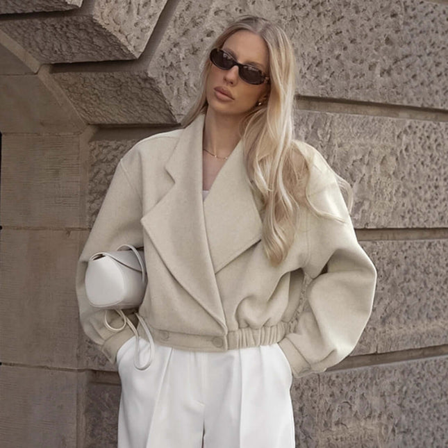 Womens Wool Blend Blazer Coat featured in stylish setting, showcasing modern commuter fashion with elegant warmth.