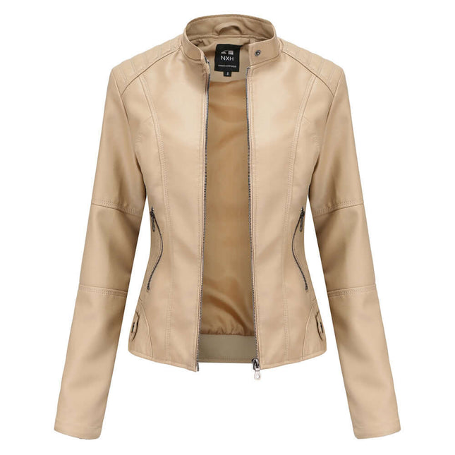 Womens Zip Up Leather Jacket beige casual style.