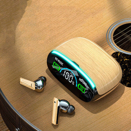 Wood Grain Wireless Sports Noise Cancel Headphones and charging case on a wooden surface.