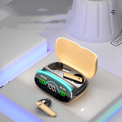 Wood Grain Wireless Sports Noise Cancel Headphones charging in stylish case with battery indicator.