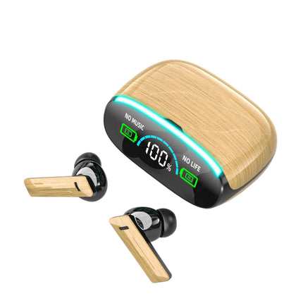 Wood Grain Wireless Sports Noise Cancel Headphones with charging case and earbuds, showcasing stylish wood grain design.