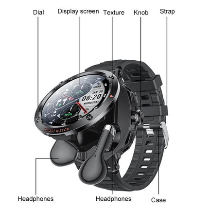 Yesido IO50 Smart Watch with Built in TWS Earbuds features dial, display screen, texture, knob, strap, and headphones.