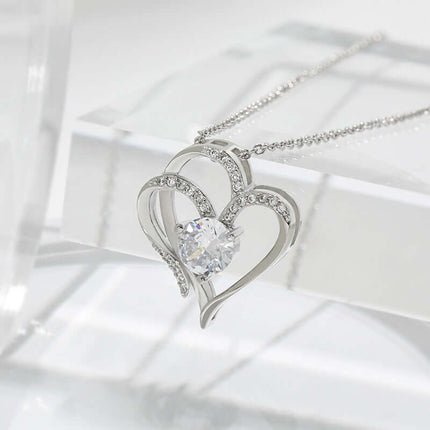 Zircon Double Love Heart Necklace Rhinestone Jewelry on display with sparkling heart-shaped pendant.