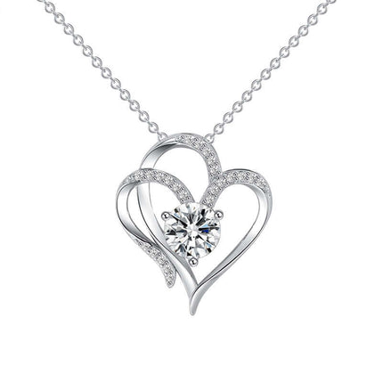 Zircon Double Love Heart Necklace Rhinestone Jewelry featuring a sparkly heart-shaped pendant with a large center zircon.