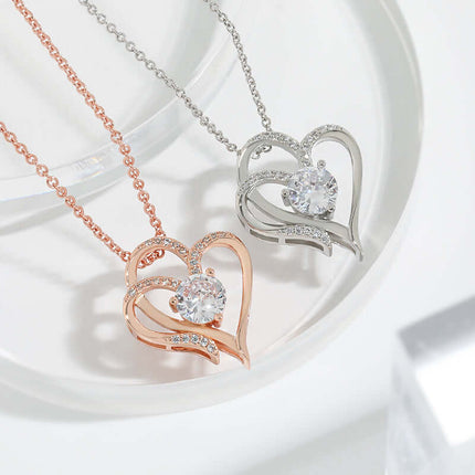 Zircon Double Love Heart Necklace Rhinestone Jewelry featuring rose gold and silver heart pendants.