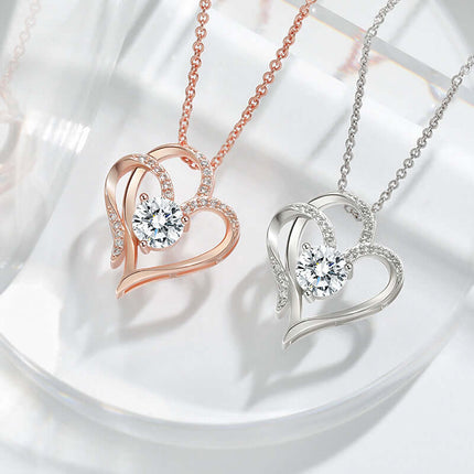 Zircon Double Love Heart Necklace Rhinestone Jewelry featuring rose gold and silver designs with sparkling rhinestones.